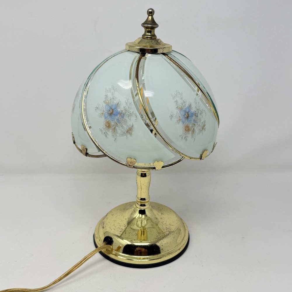 Vintage Hollywood Regency Table Lamp Segmented Curved Glass Shade 3- Way Touch